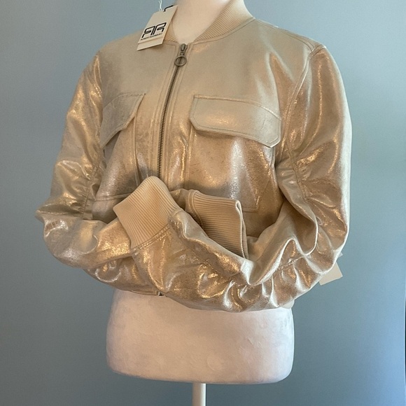 Robert Rodriguez Sz Medium Faux Leather Shimmering Champagne Bomber Jacket NWT - Picture 5 of 16